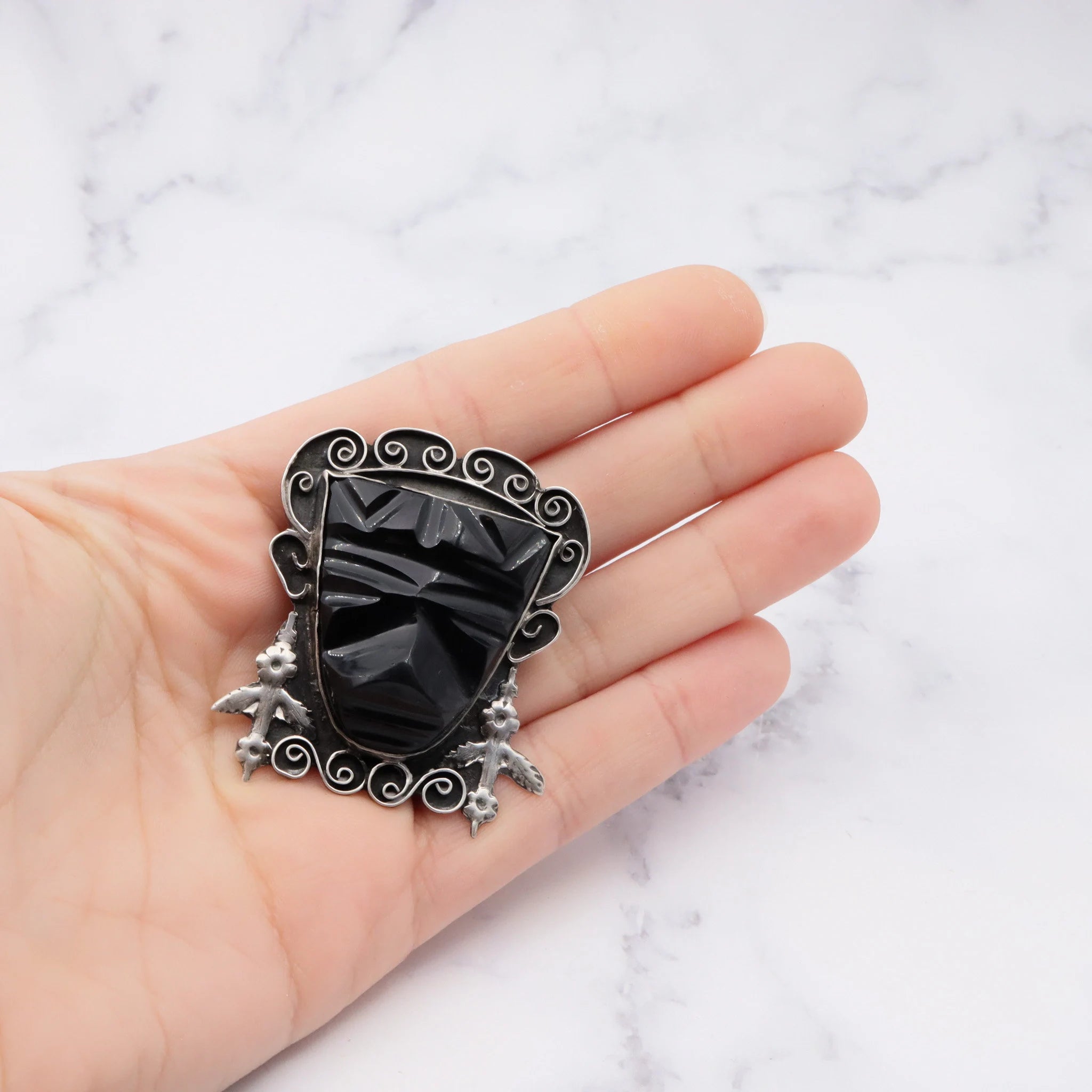 Antique Mexican sterling and carved onyx Mayan mask brooch